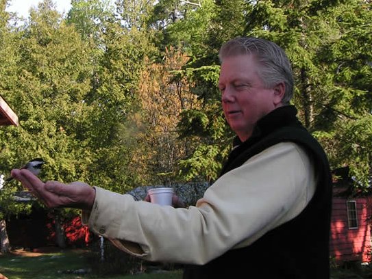 hand feeding a chickadee